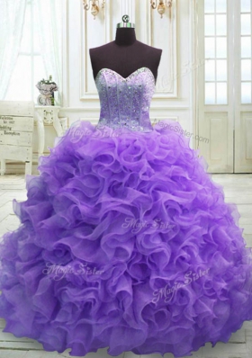 Gorgeous Sleeveless Organza Sweep Train Lace Up Quinceanera Gown in Purple for with Beading and Ruffles