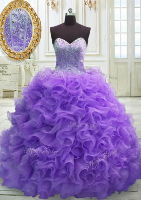 Gorgeous Sleeveless Organza Sweep Train Lace Up Quinceanera Gown in Purple for with Beading and Ruffles