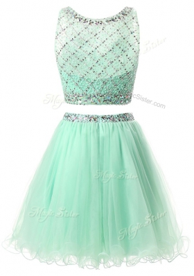 Green Organza Side Zipper Prom Dresses Sleeveless Mini Length Beading and Belt