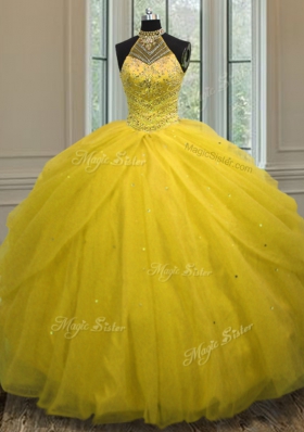 Halter Top Floor Length Gold Quinceanera Gown Tulle Sleeveless Beading