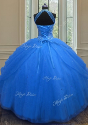 Halter Top Tulle Sleeveless Floor Length 15 Quinceanera Dress and Beading