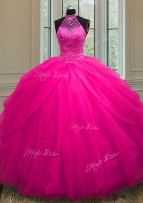 Hot Pink Halter Top Neckline Beading and Sequins Quinceanera Gown Sleeveless Lace Up