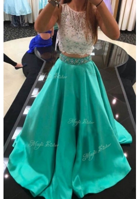 Luxury Scoop Sleeveless Satin Prom Gown Beading and Lace Zipper