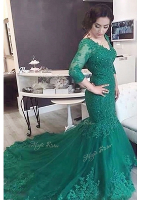 Mermaid Green Lace Up Prom Gown Beading and Appliques Long Sleeves With Train Chapel Train