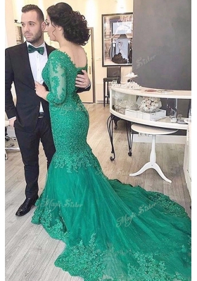 Mermaid Green Lace Up Prom Gown Beading and Appliques Long Sleeves With Train Chapel Train