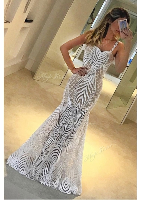 Mermaid White Zipper Spaghetti Straps Lace Prom Gown Lace Sleeveless