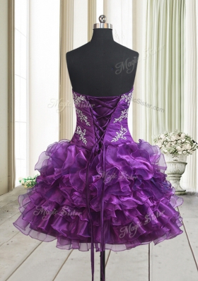 Modern Sleeveless Mini Length Beading and Ruffled Layers Lace Up High School Pageant Dress with Purple