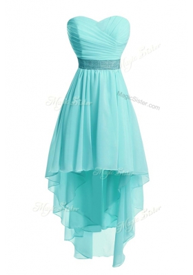 Modern Sweetheart Sleeveless Dress for Prom High Low Ruching and Belt Aqua Blue Organza