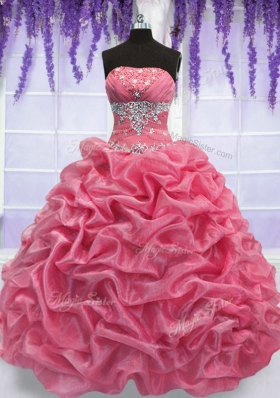 Noble Rose Pink Organza Lace Up Quinceanera Dresses Sleeveless Floor Length Beading