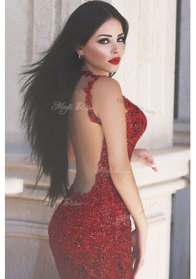 On Sale Sequins Sweep Train Mermaid Prom Gown Red Spaghetti Straps Tulle Sleeveless With Train Backless