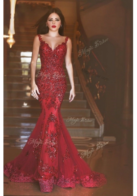 On Sale Sequins Sweep Train Mermaid Prom Gown Red Spaghetti Straps Tulle Sleeveless With Train Backless