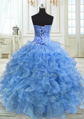 Organza Sweetheart Sleeveless Lace Up Beading and Ruffles Ball Gown Prom Dress in Baby Blue