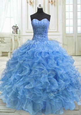 Organza Sweetheart Sleeveless Lace Up Beading and Ruffles Ball Gown Prom Dress in Baby Blue