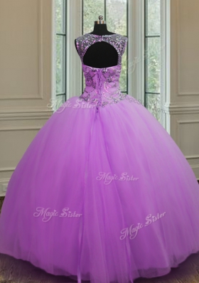 Purple Sweet 16 Quinceanera Dress Military Ball and Sweet 16 and Quinceanera and For with Beading Halter Top Sleeveless Lace Up