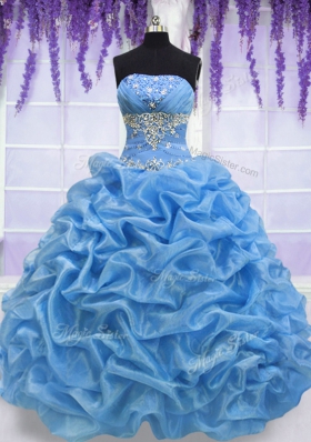 Romantic Blue Ball Gowns Organza Strapless Sleeveless Beading Floor Length Lace Up Quinceanera Gowns