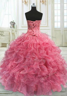 Rose Pink Sleeveless Floor Length Beading and Ruffles Lace Up Quinceanera Gowns