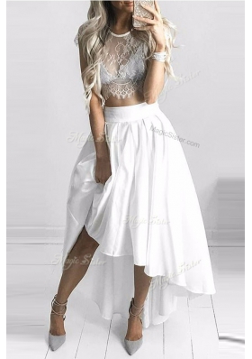 Scoop Cap Sleeves Lace Up High Low Lace Prom Dress