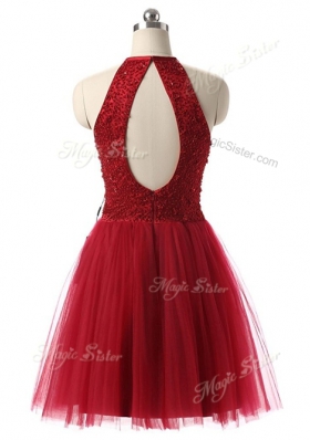 Scoop Knee Length Wine Red Prom Gown Chiffon Sleeveless Beading