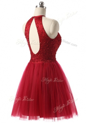 Scoop Knee Length Wine Red Prom Gown Chiffon Sleeveless Beading