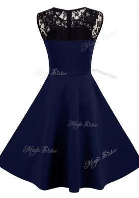 Scoop Knee Length Zipper Prom Gown Navy Blue and In for Prom and Party with Lace