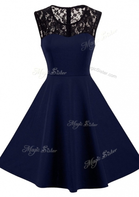 Scoop Knee Length Zipper Prom Gown Navy Blue and In for Prom and Party with Lace