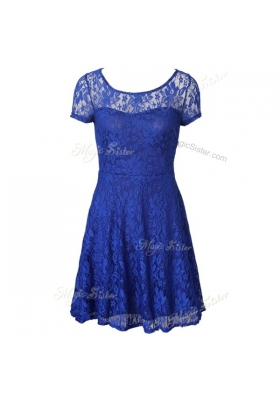 Scoop Lace Homecoming Dress Blue Side Zipper Short Sleeves Tea Length
