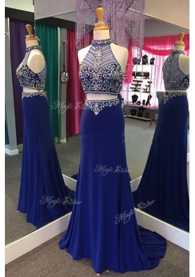 Sexy Sleeveless Elastic Woven Satin With Train Sweep Train Zipper Prom Dress in Royal Blue for with Beading