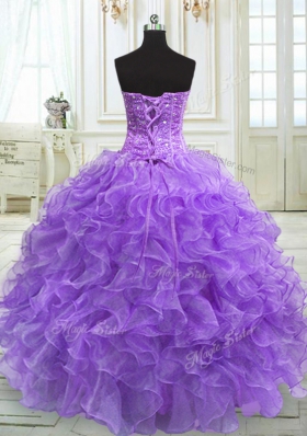 Sleeveless Floor Length Beading and Ruffles Lace Up Quince Ball Gowns with Lavender