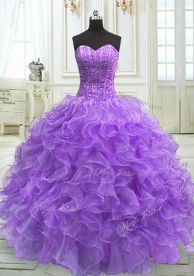 Sleeveless Floor Length Beading and Ruffles Lace Up Quince Ball Gowns with Lavender