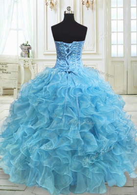 Sleeveless Organza Floor Length Lace Up Quinceanera Dresses in Aqua Blue for with Beading and Ruffles