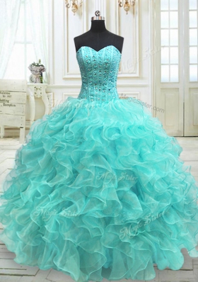 Sleeveless Organza Floor Length Lace Up Quinceanera Dresses in Aqua Blue for with Beading and Ruffles