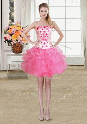 Sleeveless Organza Mini Length Lace Up Pageant Dresses in Rose Pink for with Beading and Appliques and Ruffles