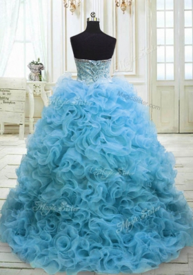 Sleeveless Organza Sweep Train Lace Up Sweet 16 Dress in Baby Blue for with Beading and Sequins