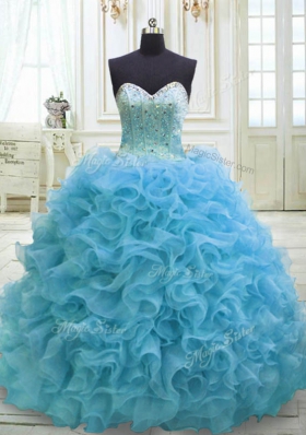 Sleeveless Organza Sweep Train Lace Up Sweet 16 Dress in Baby Blue for with Beading and Sequins