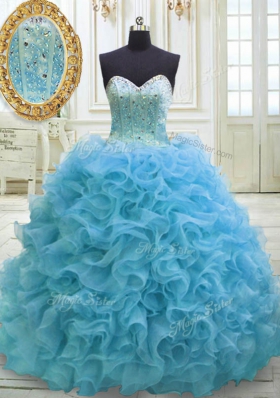 Sleeveless Organza Sweep Train Lace Up Sweet 16 Dress in Baby Blue for with Beading and Sequins
