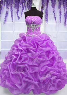 Strapless Sleeveless Sweet 16 Quinceanera Dress Floor Length Beading Lilac Organza