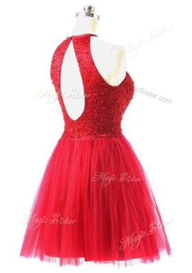 Superior Coral Red Tulle Zipper Scoop Sleeveless Knee Length Prom Evening Gown Beading