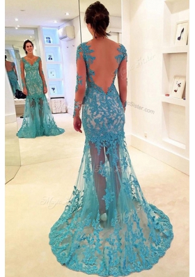 Superior Mermaid With Train Backless Dress for Prom Blue and In for Prom with Lace Brush Train