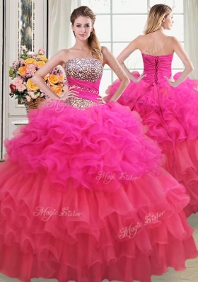 Three Piece Multi-color Strapless Neckline Beading and Ruffles and Ruffled Layers and Sequins Sweet 16 Dress Sleeveless Lace Up