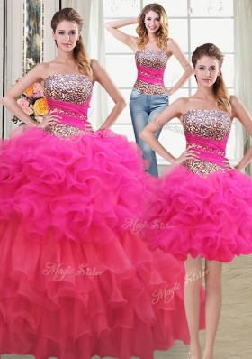 Three Piece Multi-color Strapless Neckline Beading and Ruffles and Ruffled Layers and Sequins Sweet 16 Dress Sleeveless Lace Up