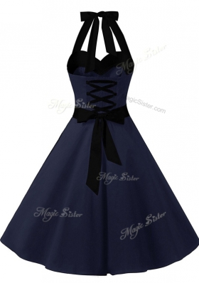 Top Selling Halter Top Sleeveless Dress for Prom Knee Length Sashes|ribbons Navy Blue Chiffon