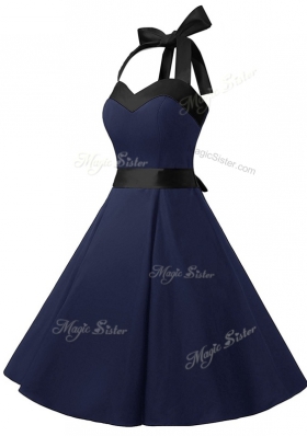 Top Selling Halter Top Sleeveless Dress for Prom Knee Length Sashes|ribbons Navy Blue Chiffon