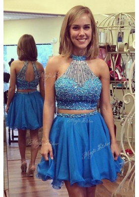 Amazing Blue Prom Dresses Prom and Party and For with Beading Halter Top Sleeveless Zipper