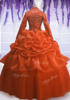 Artistic Orange Red Long Sleeves Sequins and Pick Ups Floor Length Quinceanera Dress