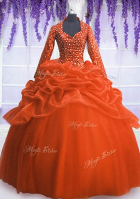 Artistic Orange Red Long Sleeves Sequins and Pick Ups Floor Length Quinceanera Dress