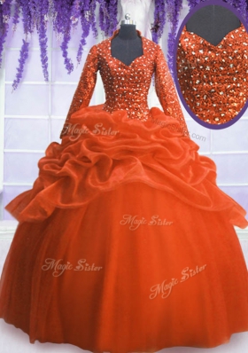 Artistic Orange Red Long Sleeves Sequins and Pick Ups Floor Length Quinceanera Dress