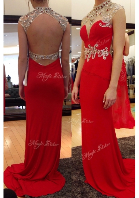 Beauteous Sleeveless Chiffon With Train Sweep Train Backless Prom Evening Gown in Red for with Beading