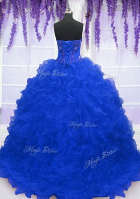 Beautiful Royal Blue Strapless Neckline Beading and Ruffles Sweet 16 Quinceanera Dress Sleeveless Lace Up