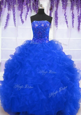 Beautiful Royal Blue Strapless Neckline Beading and Ruffles Sweet 16 Quinceanera Dress Sleeveless Lace Up