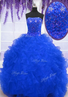 Beautiful Royal Blue Strapless Neckline Beading and Ruffles Sweet 16 Quinceanera Dress Sleeveless Lace Up